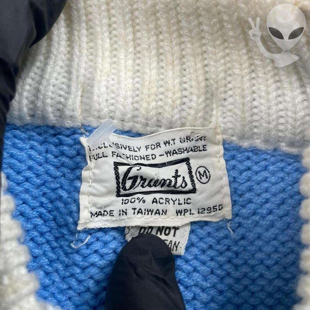 Vintage 70s Grants Mens Medium Fair Isle Ski Sweater Cream Blue Ribbed Knit - Picture 4 of 7